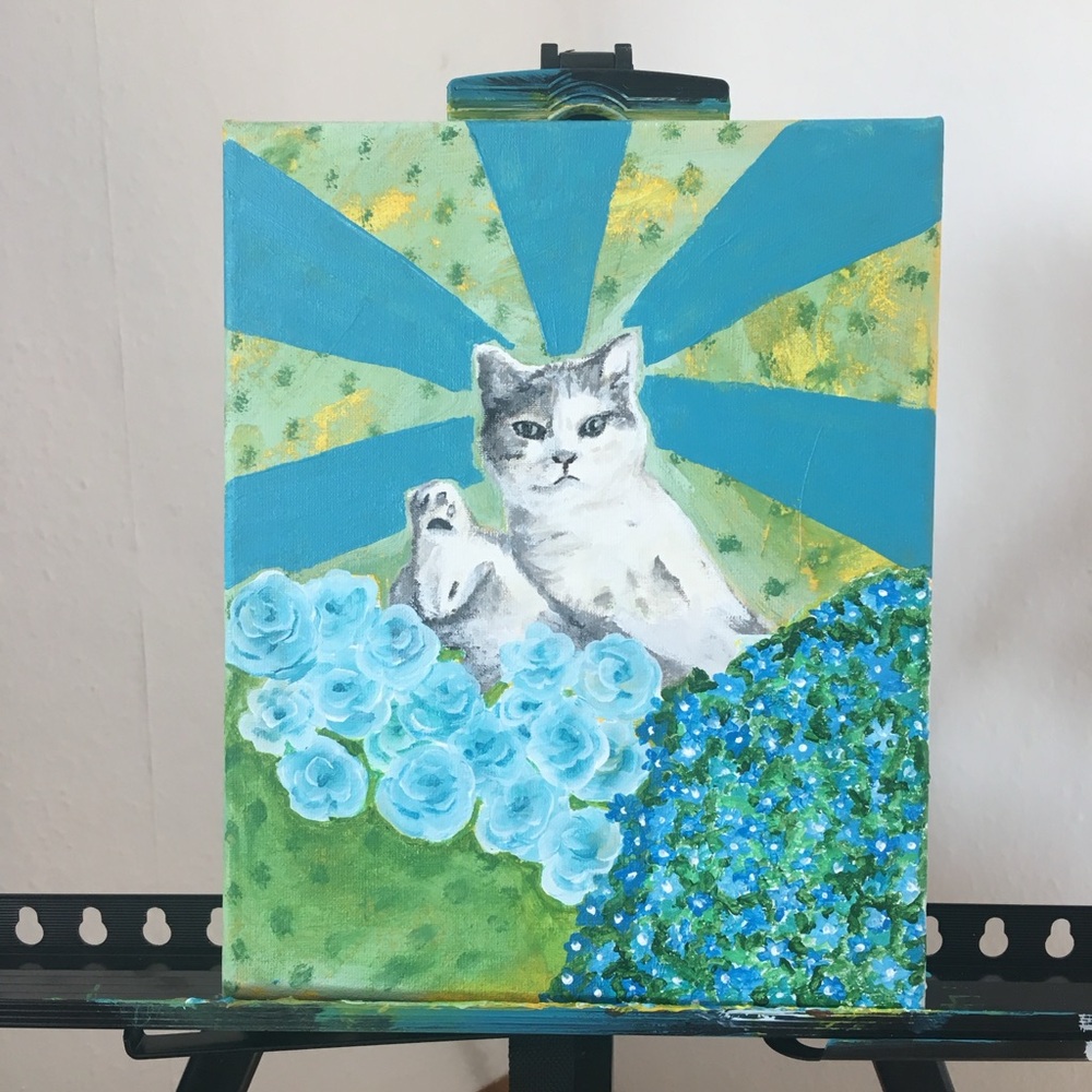 Cat Art Canvas with Blue and Green Accents